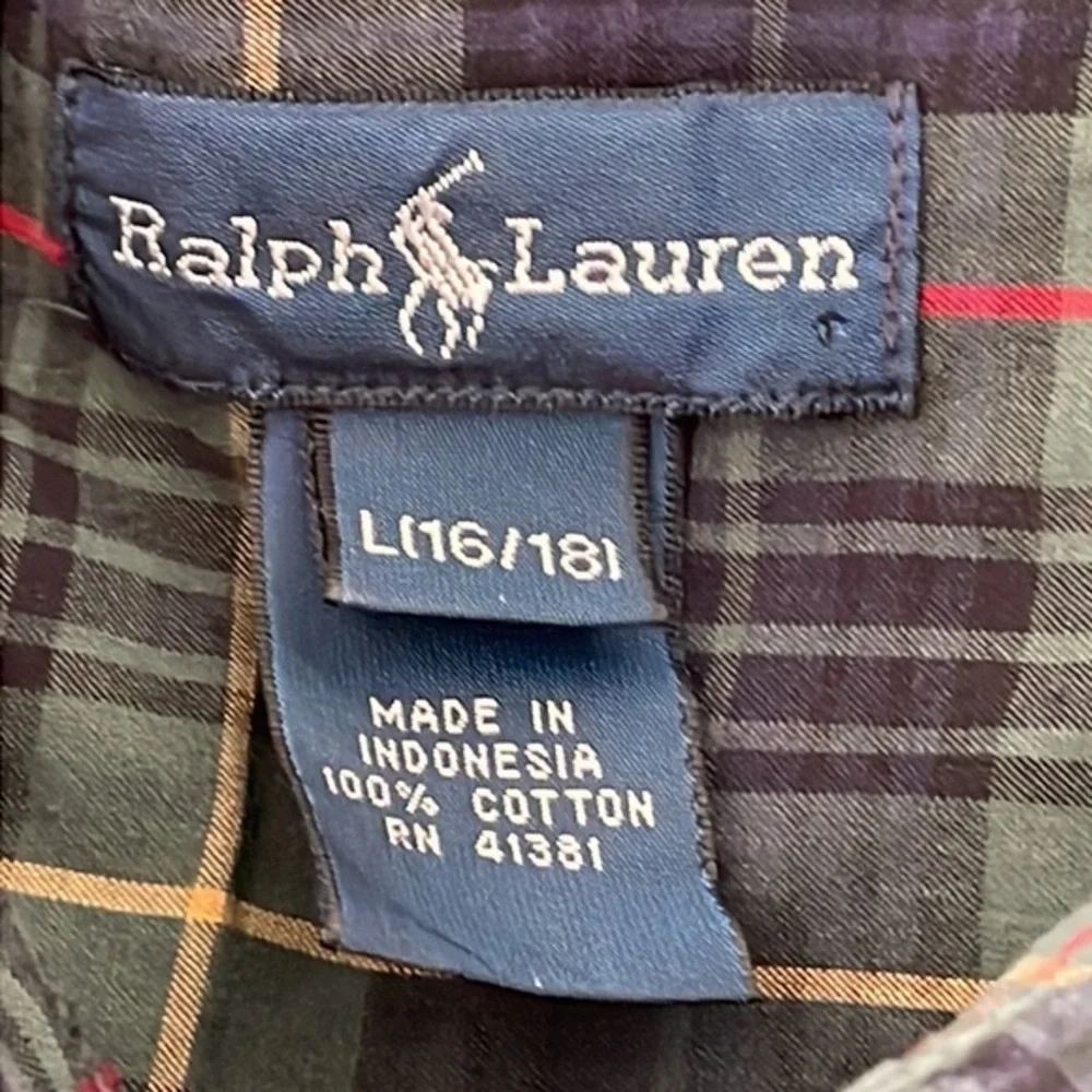 Ralph Lauren Vintage boys Large (16/18) forest green & navy blue plaid‎ shirt.